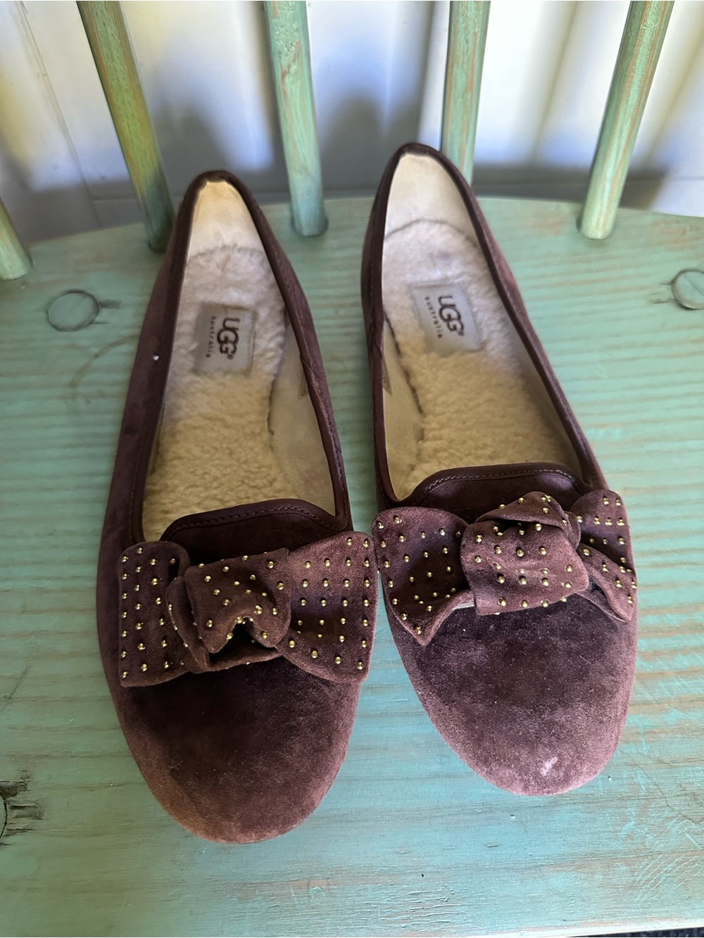 UGG Women's Brown Velvet Bow Slip-Ons with Stud Accents
